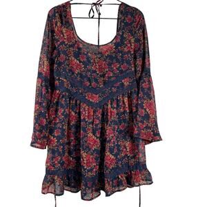 Band Of Gypsies Women's Navy Blue Floral Long Sleeve Sheer Lace Tunic Dress Sz S